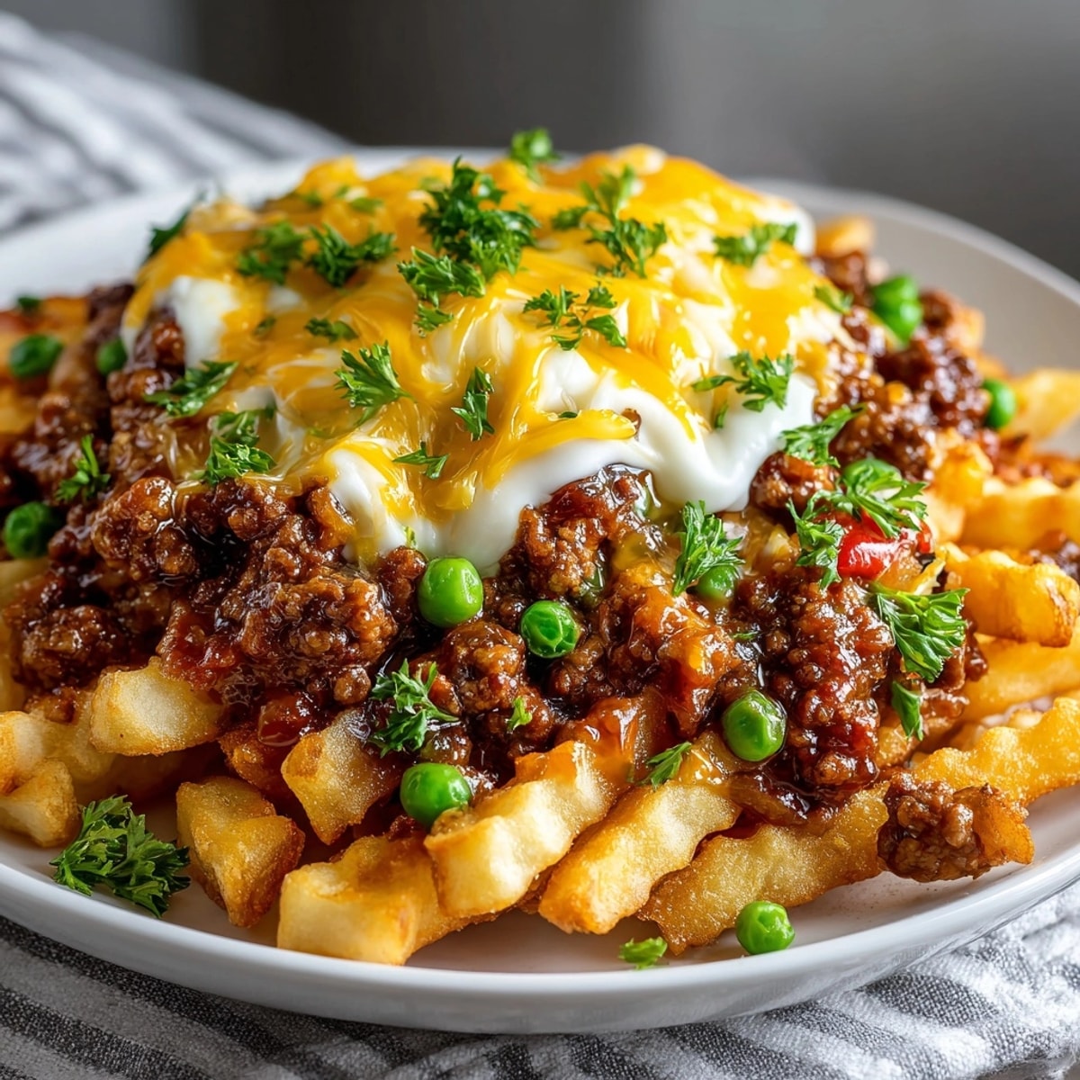 Savory Shepherd’s Pie Loaded Fries: hearty baked potatoes smothered in seasoned beef and cheddar.