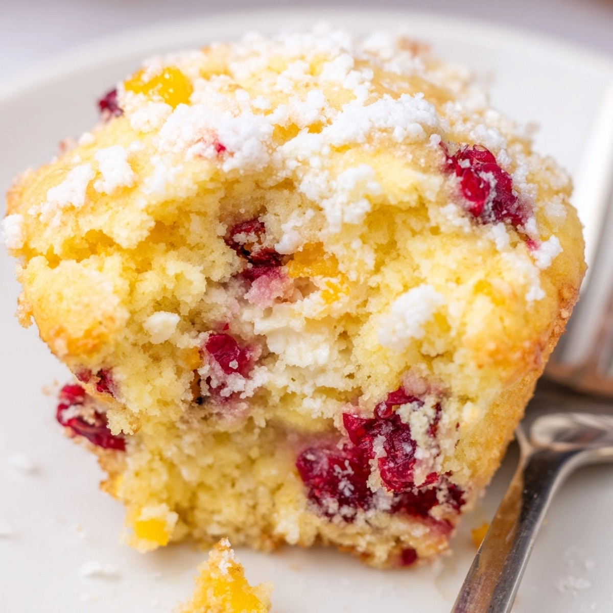 Warm, golden Ricotta Cranberry Orange Muffins fresh from the oven, speckled with bright cranberries.