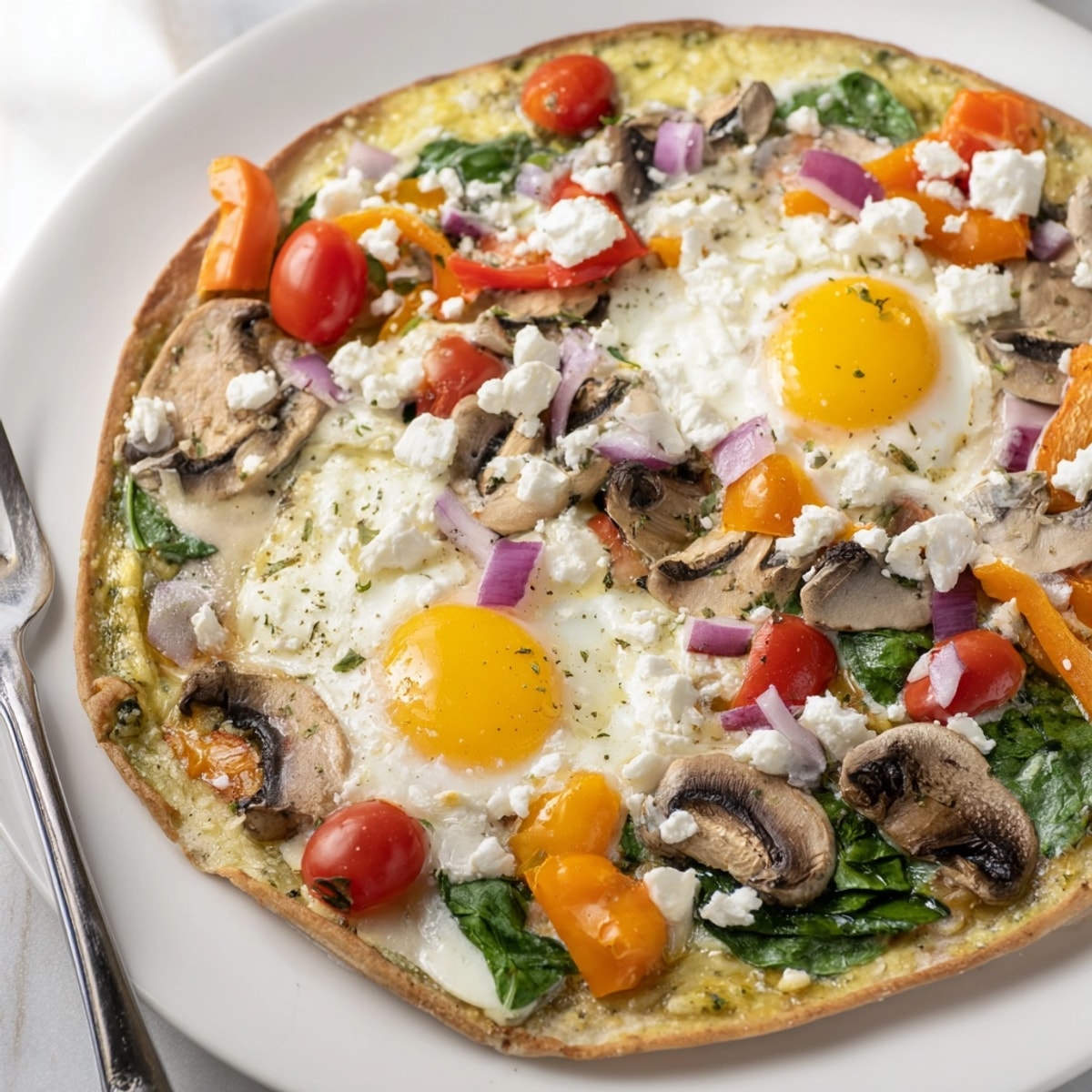 Golden Garlic Herb Veggie Breakfast Pizza brimming with colorful toppings and melted mozzarella.