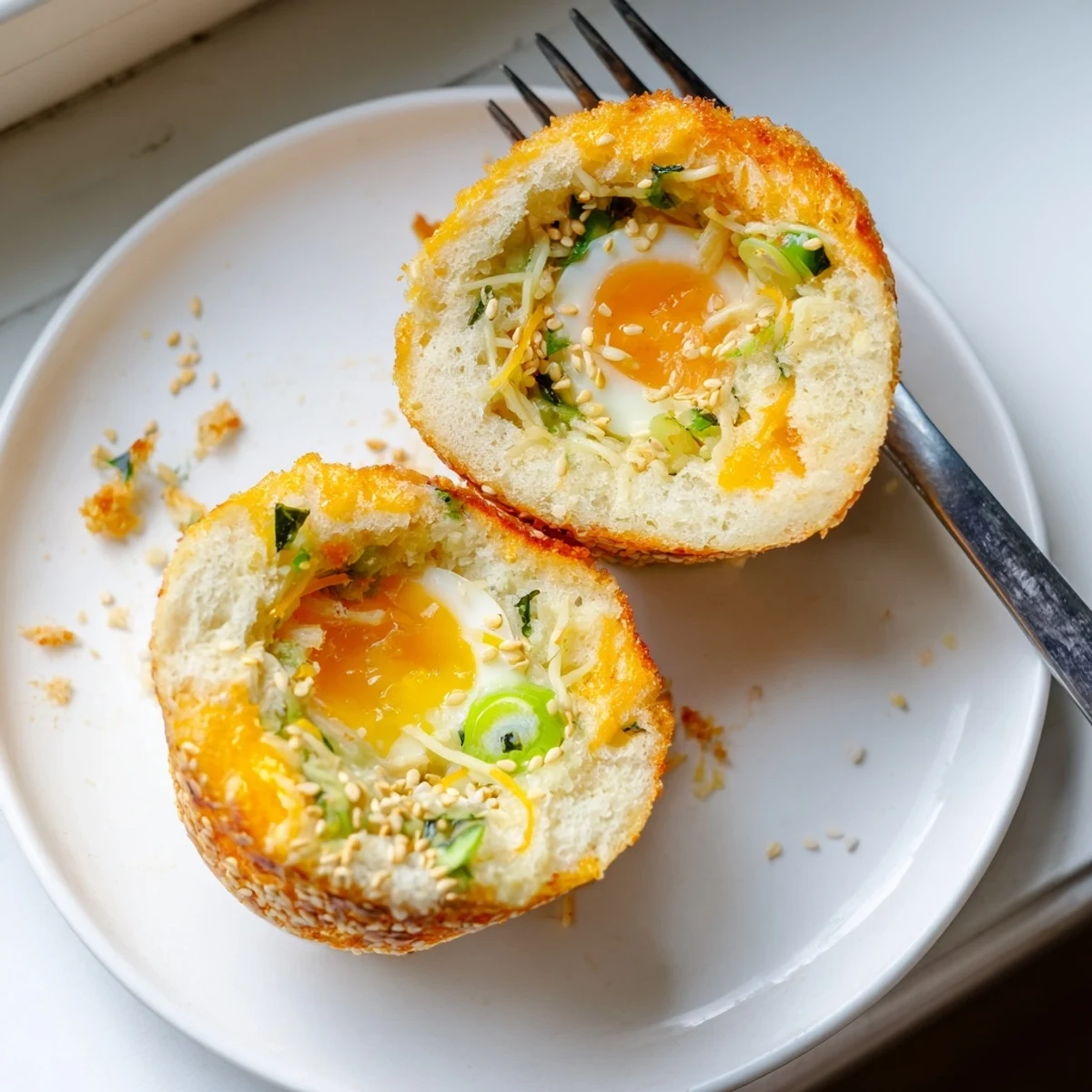 Savory Japanese ramen egg breakfast muffins topped with scallions and sesame seeds.  