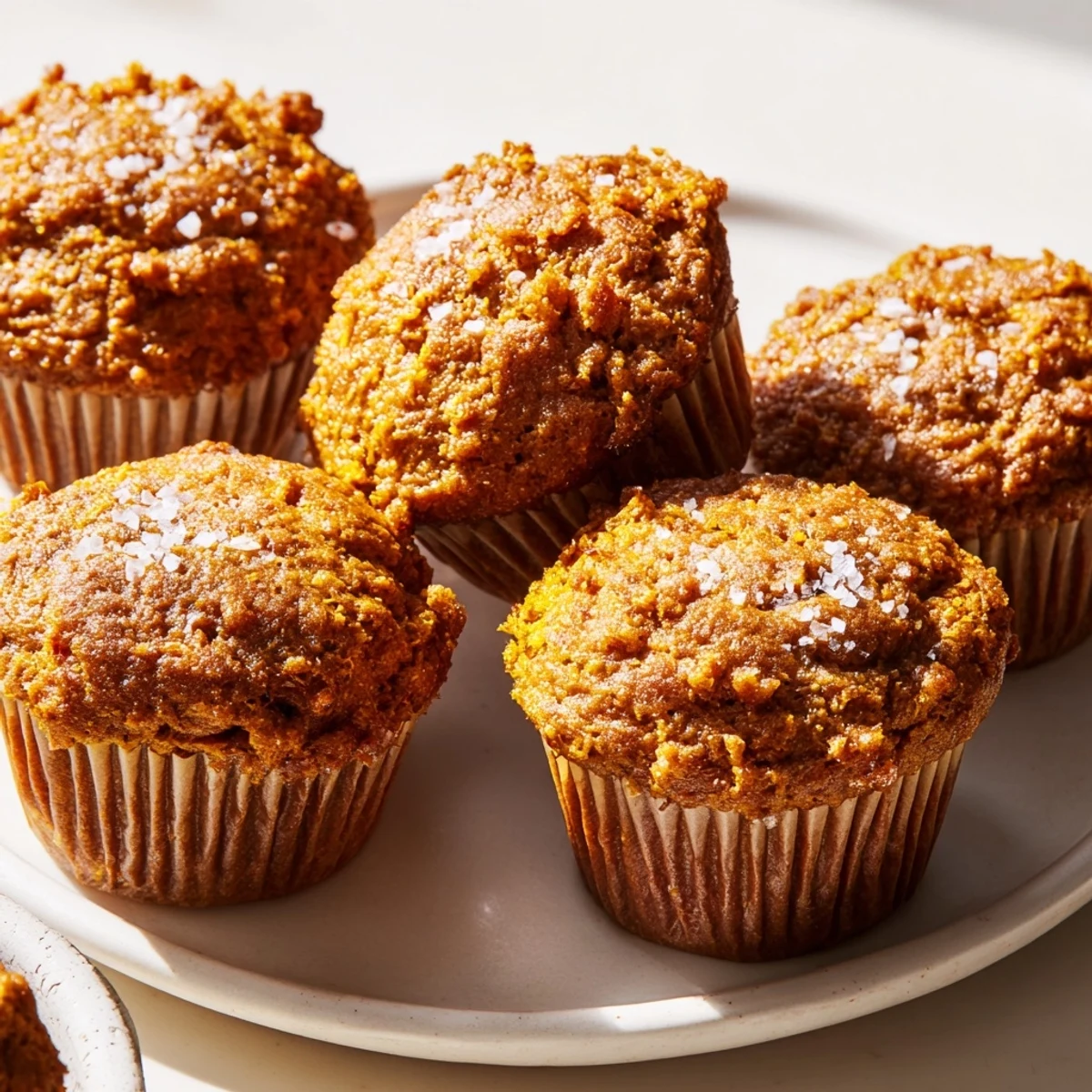 Warm pumpkin muffins sprinkled with flaky sea salt, perfect alongside coffee or tea.