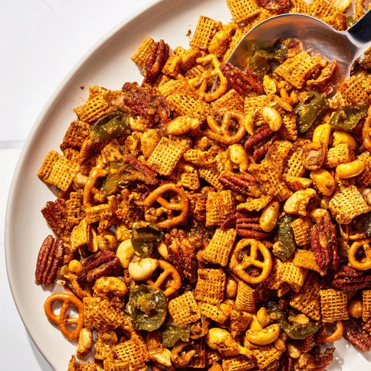 A vibrant bowl of Spicy Jalapeño Holiday Snack Mix, perfect for festive gatherings.  