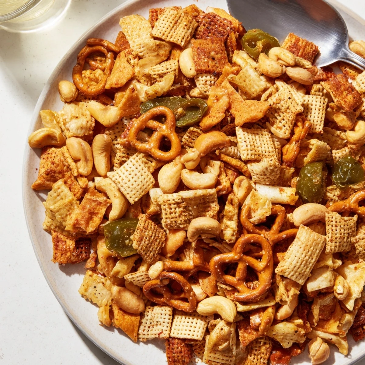 Festive Spicy Jalapeño Holiday Snack Mix, seasoned with jalapeños and savory spices for snacking.