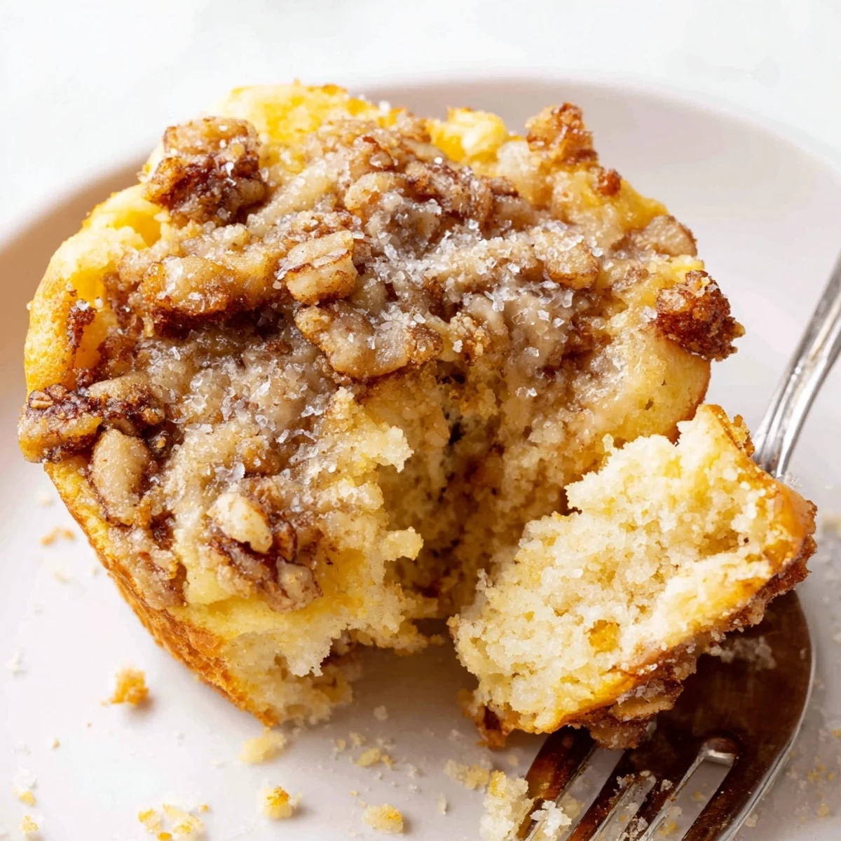 Fluffy lemon pretzel pancake muffins topped with crunchy bits and sugar crystals.  