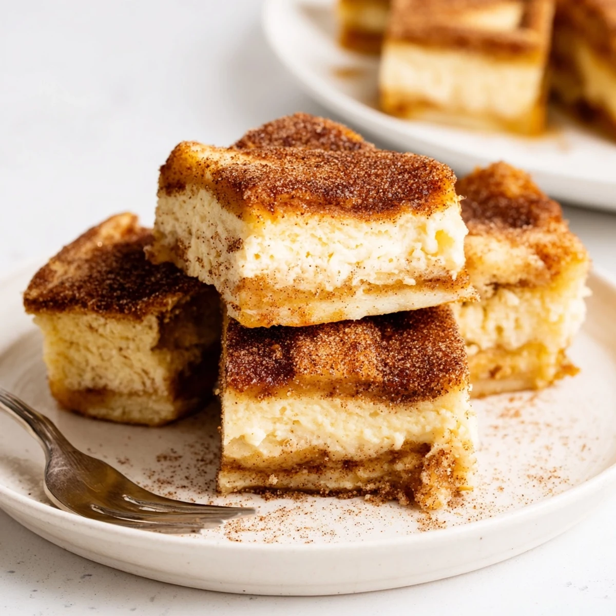 Sliced pumpkin cheesecake churro bars drizzled with caramel, ideal for dessert at holiday parties.