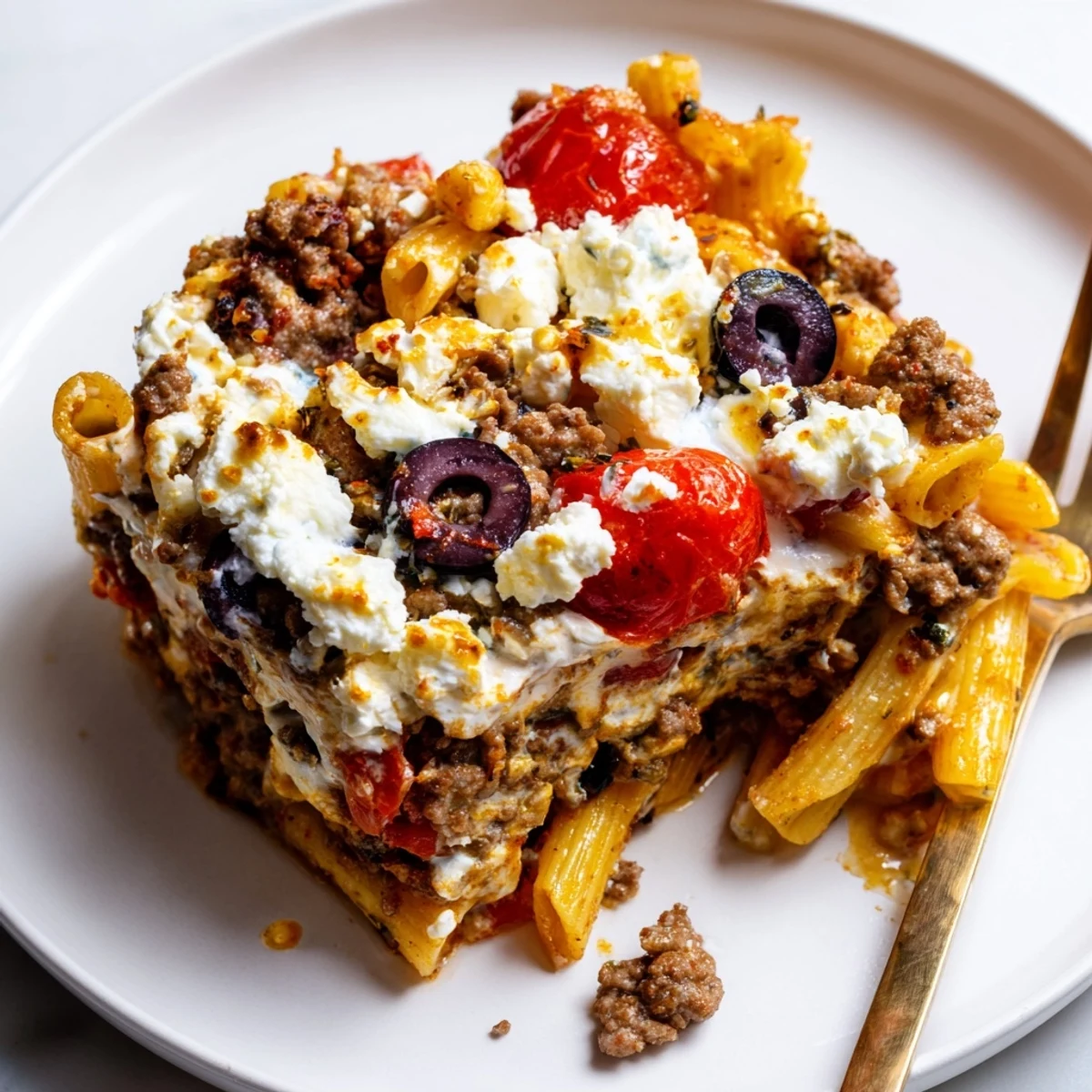 One-Pot Greek Gyro Pasta Bake features spiced lamb and creamy tzatziki sauce.  