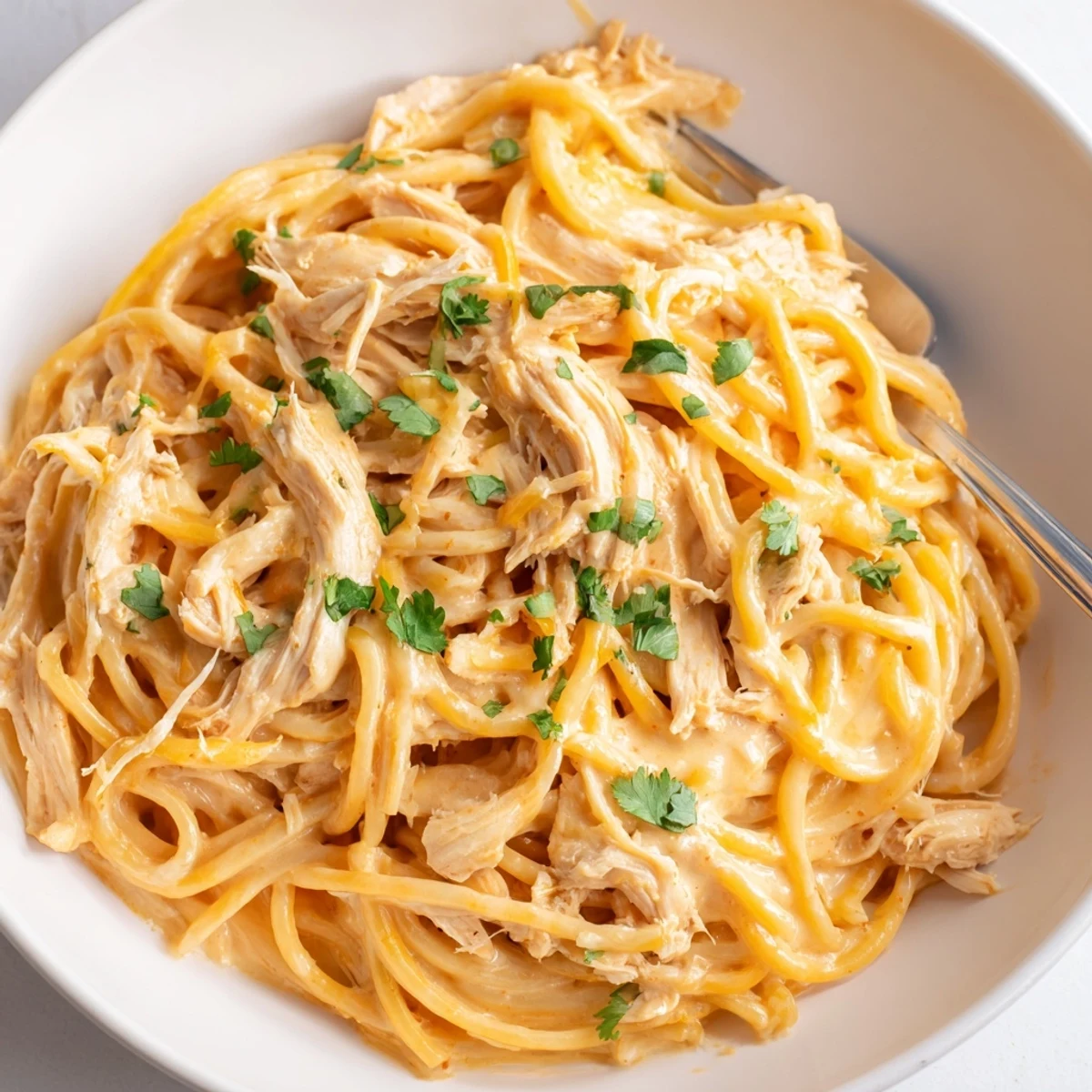 Creamy Chipotle Chicken Spaghetti topped with fresh cilantro and lime wedges.  
