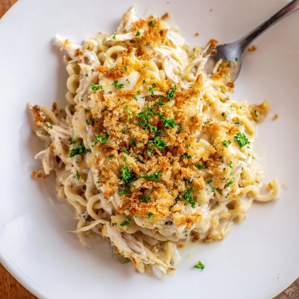 Creamy garlic-Parmesan sauce envelops tender ramen and shredded chicken in this bake.  