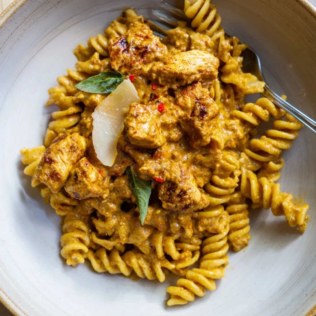Creamy Pesto Chicken Tikka Pasta served in a bowl, drizzled with vibrant cheese.  