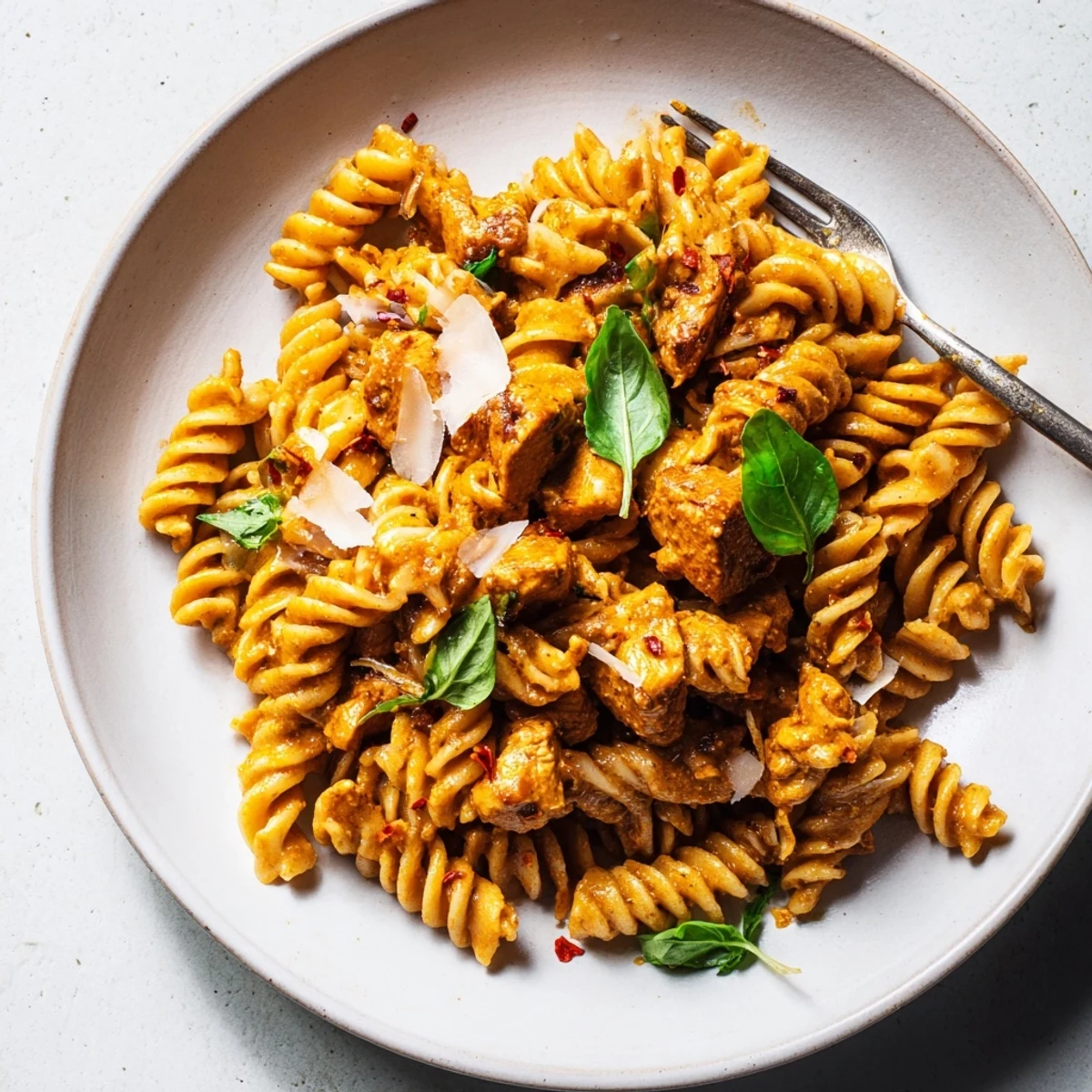 A hearty serving of Creamy Pesto Chicken Tikka Pasta topped with fresh herbs.  