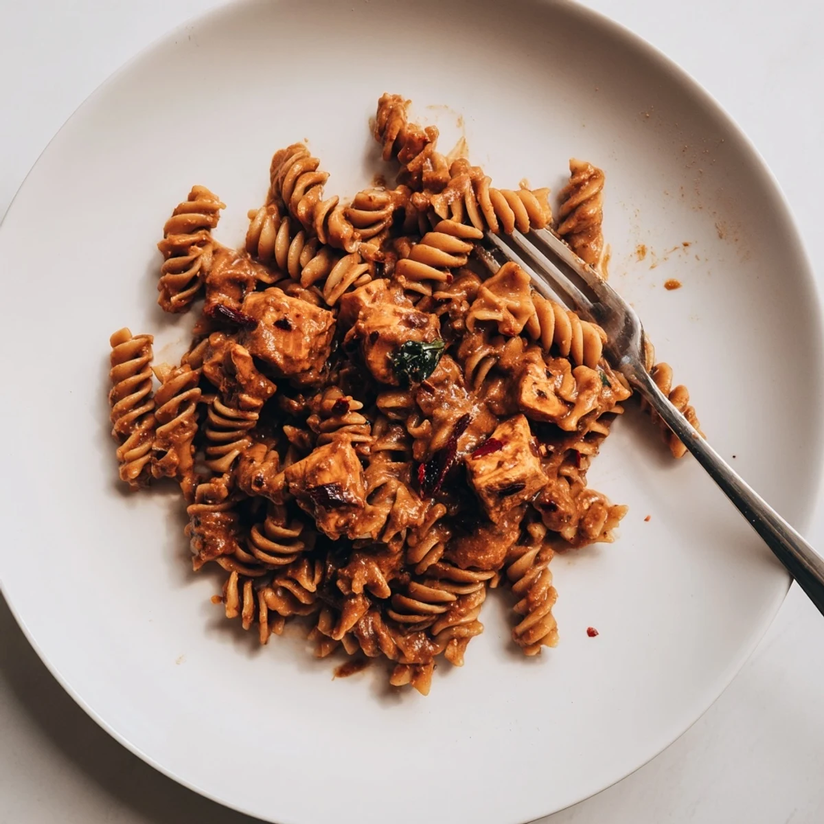 Deliciously creamy Chicken Tikka Pasta, showcasing tender chicken and spiral fusilli.