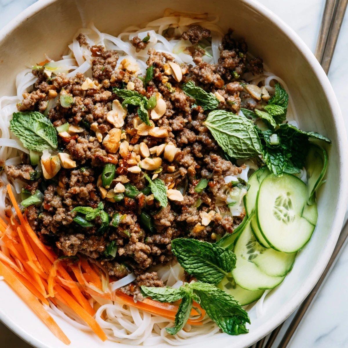 A colorful Vietnamese-inspired lemongrass beef noodle bowl topped with fresh herbs.  