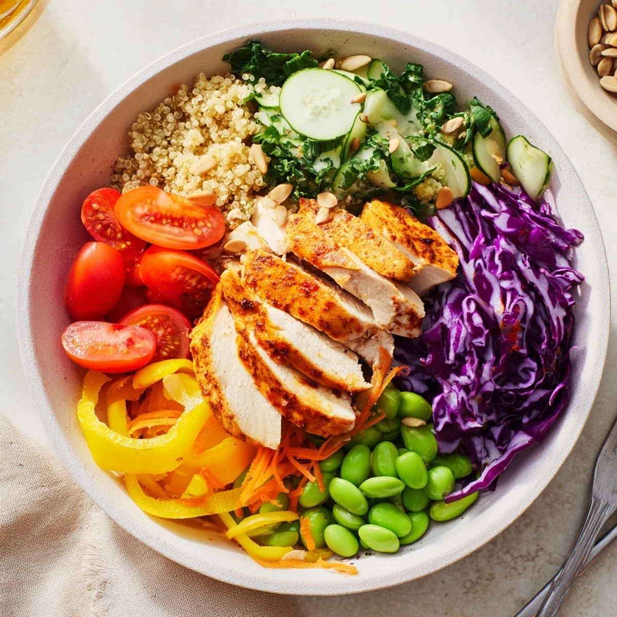 Colorful healthy meal-prep bowls with quinoa, chicken, and fresh vegetables.  