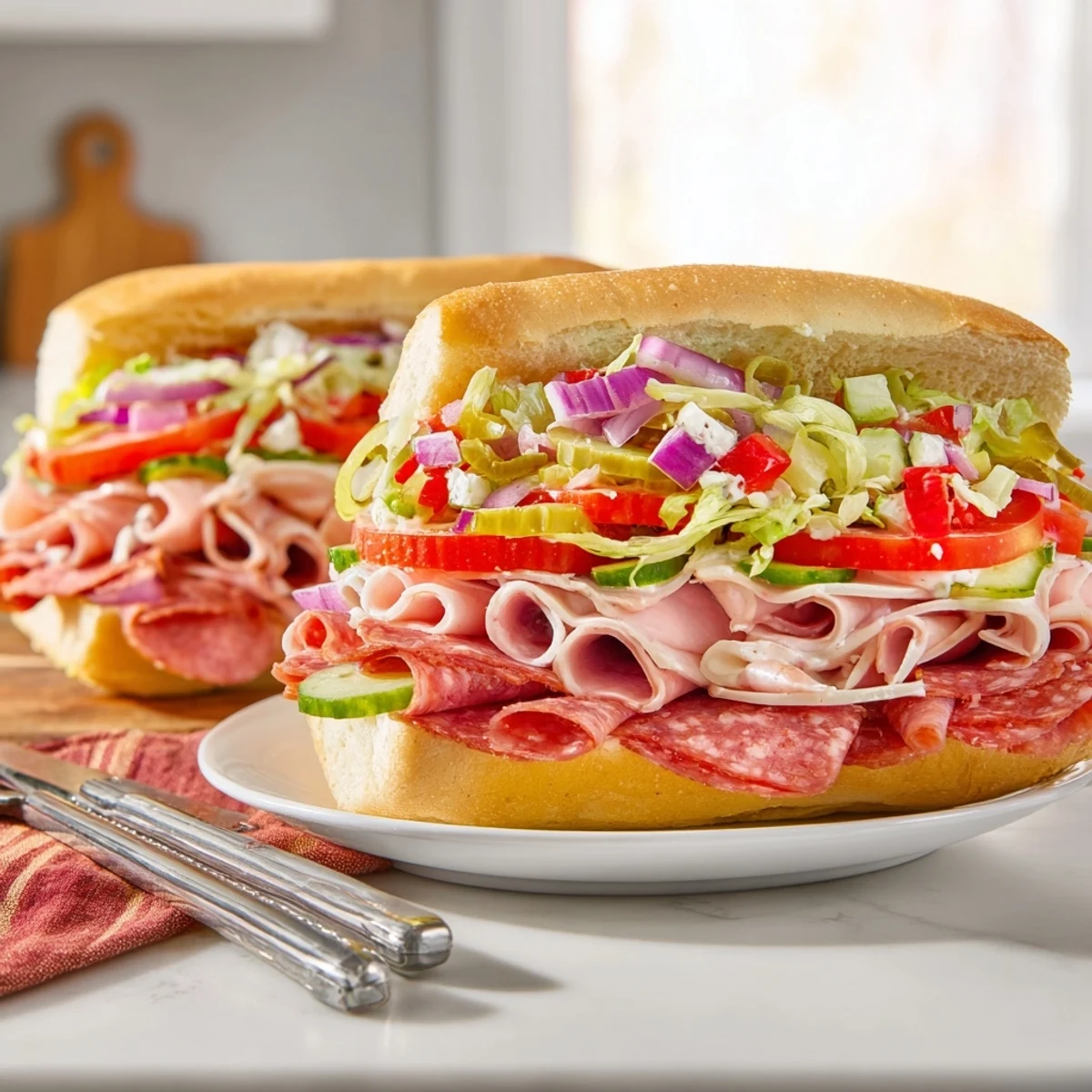 Colorful Flavor Mash-Up Sandwiches bursting with fresh veggies, meats, and creamy dressing.  