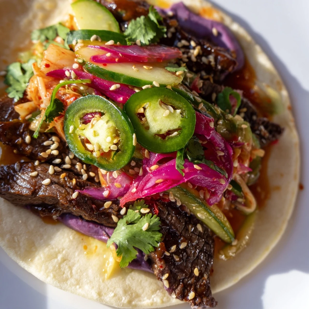 Savory Korean bulgogi tacos bursting with flavor, drizzled with creamy ube sauce.  