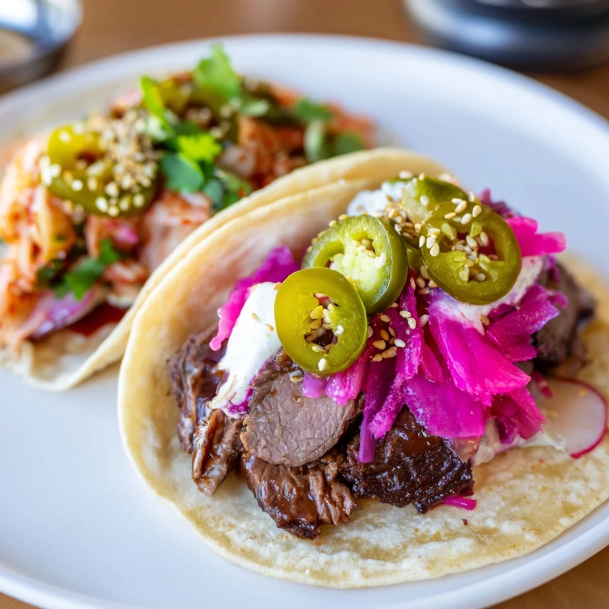 Colorful global street-food fusion tacos topped with vibrant ube crema and fresh ingredients.  