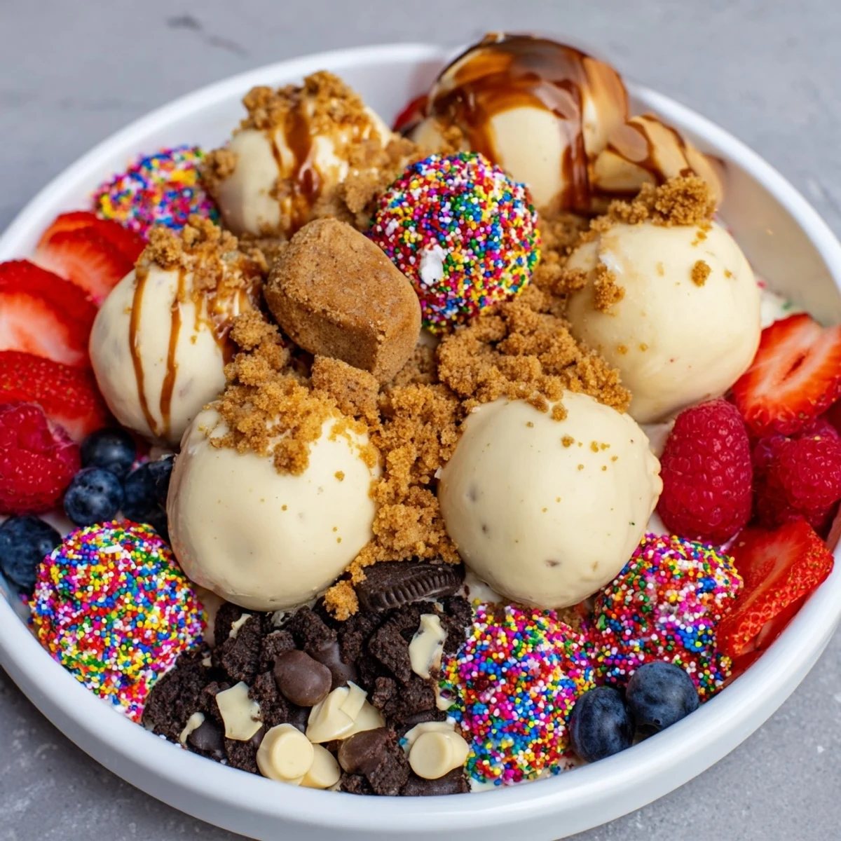 Decadent deconstructed dessert board featuring creamy cheesecake bites and vibrant toppings.  