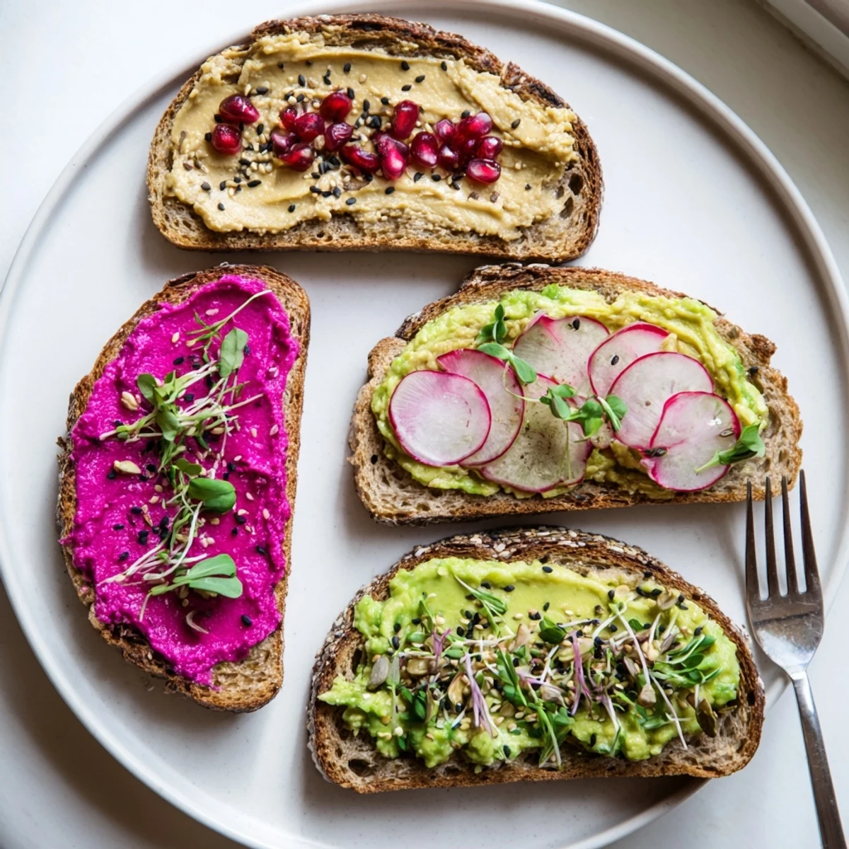 Colorful breakfast toasts featuring creamy ube and avocado, perfect for a lively morning.  