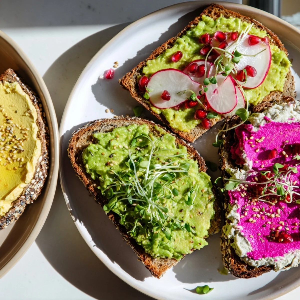 Deliciously bright breakfast toasts adorned with radishes and pomegranate for extra flavor.