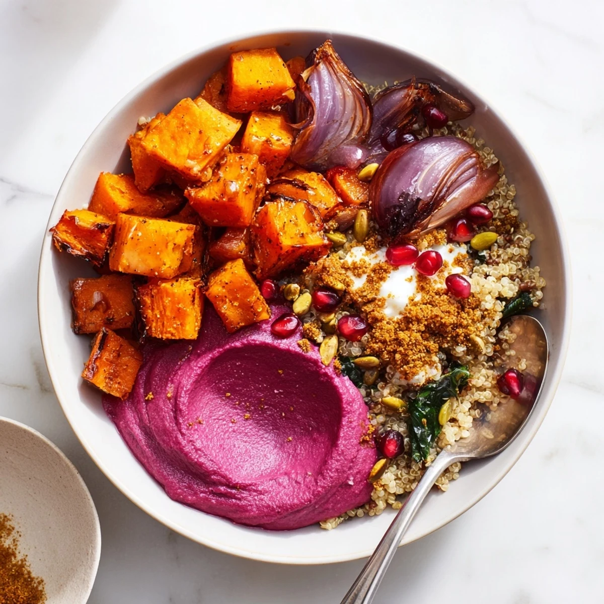 Cozy spiced winter bowls filled with roasted vegetables and creamy ube-coconut purée.  