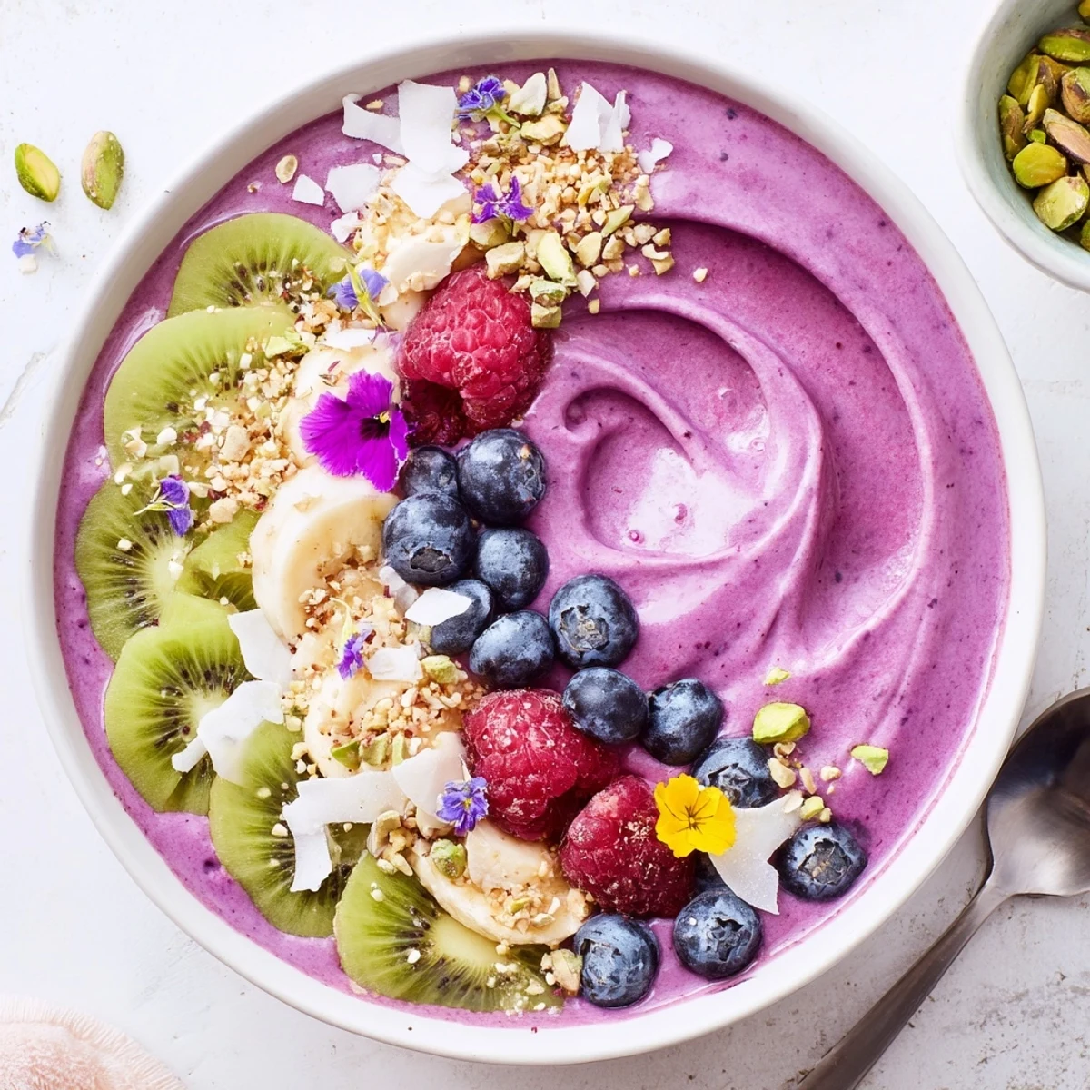 Colorful smoothie bowls with pistachio and purple yam for a nutritious breakfast treat.