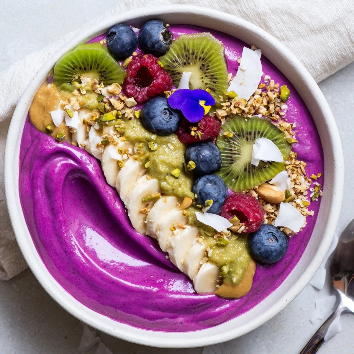 Delightful vibrant smoothie bowls layered with fresh fruit and crunchy toppings.