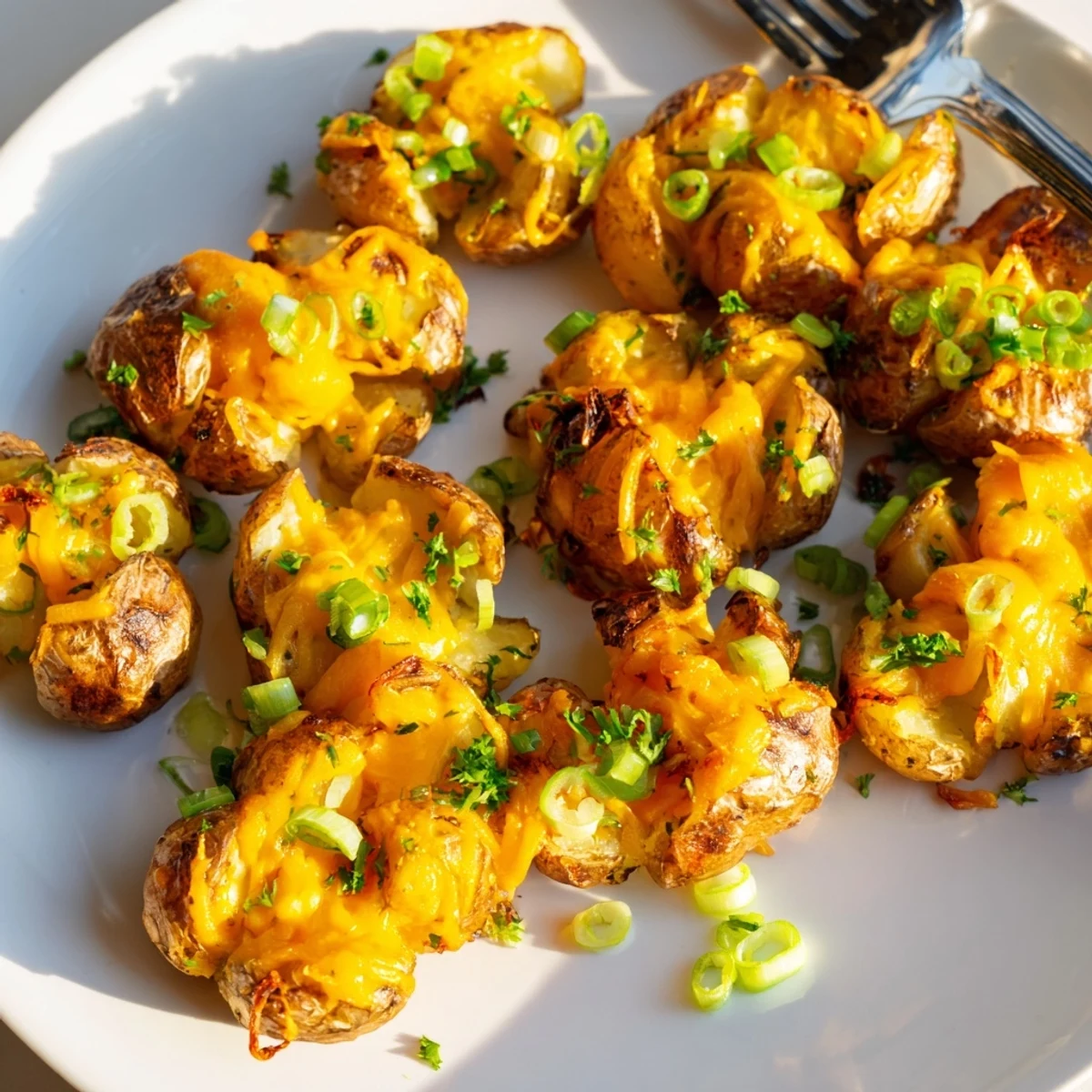 Delicious smashed green onion potato bombs, garnished with fresh parsley and cheese.