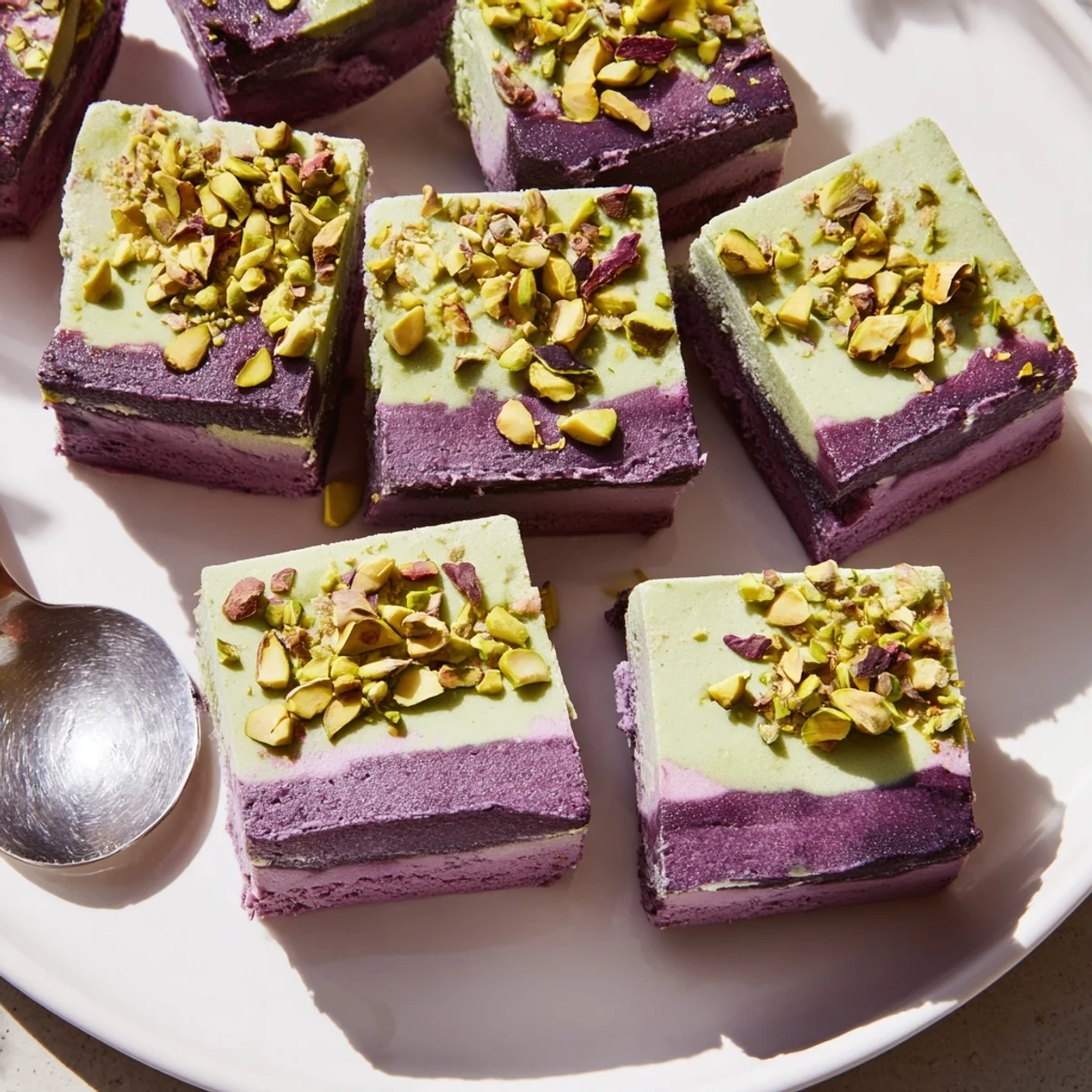 Creamy ube and pistachio ice cream bars drizzled with sweetened condensed milk.  