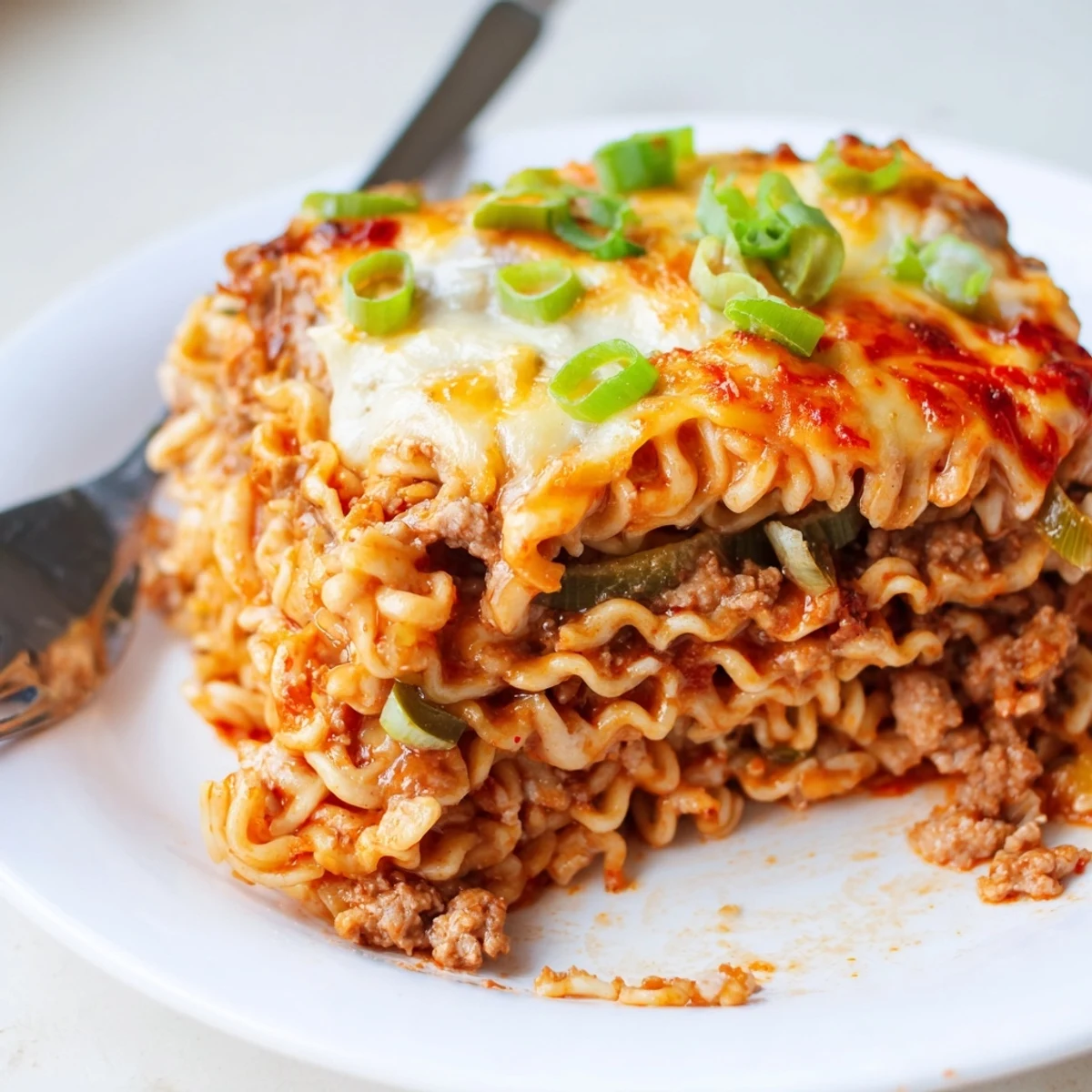 Golden layers of spicy ramen lasagna topped with bubbling mozzarella cheese.  