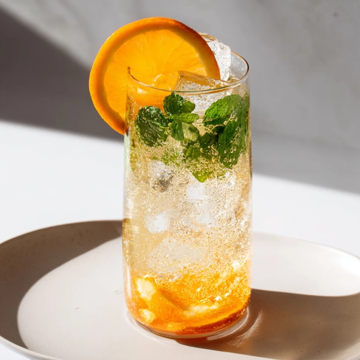 Brightly colored Probiotic Soda Mocktail featuring fresh juices and mint, ideal for warm days.