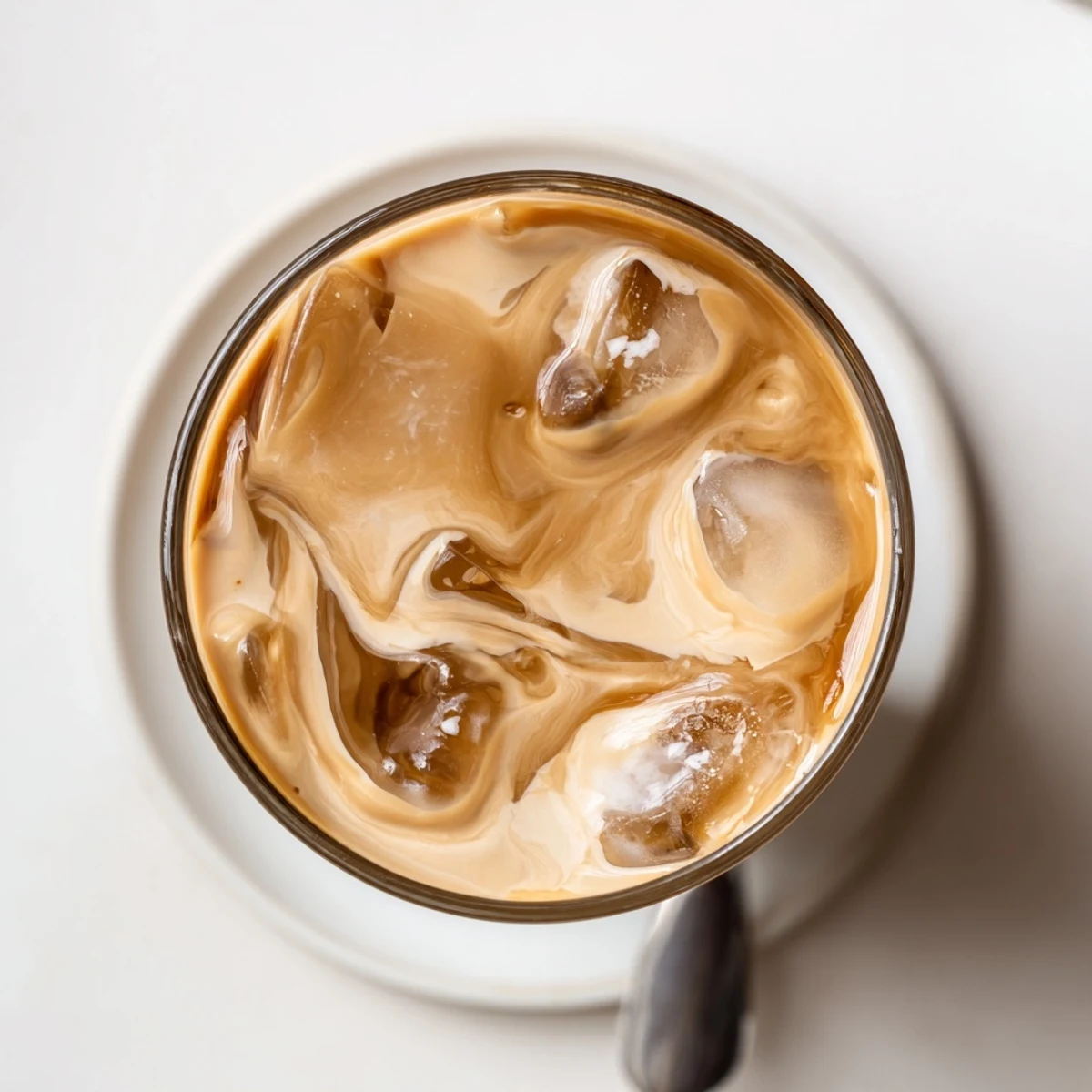 Creamy Tahini iced coffee topped with plant milk and ice cubes awaits you.  