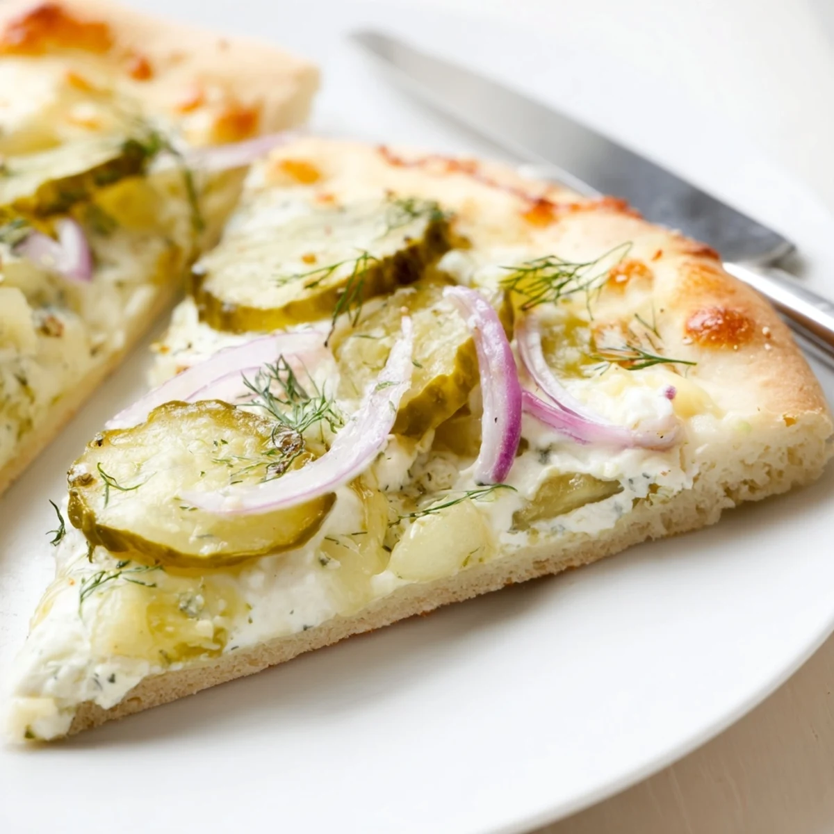 Tangy Pickle Pizza topped with creamy mozzarella and refreshing dill flavors.  
