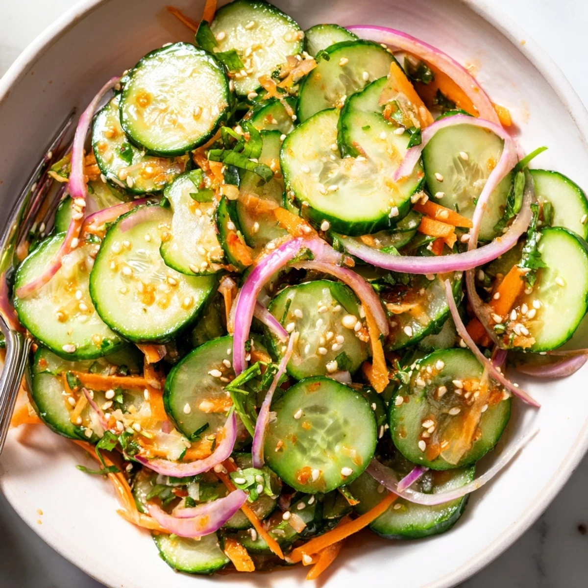 Light and tangy cucumber salad remix, perfect as a side dish or appetizer.
