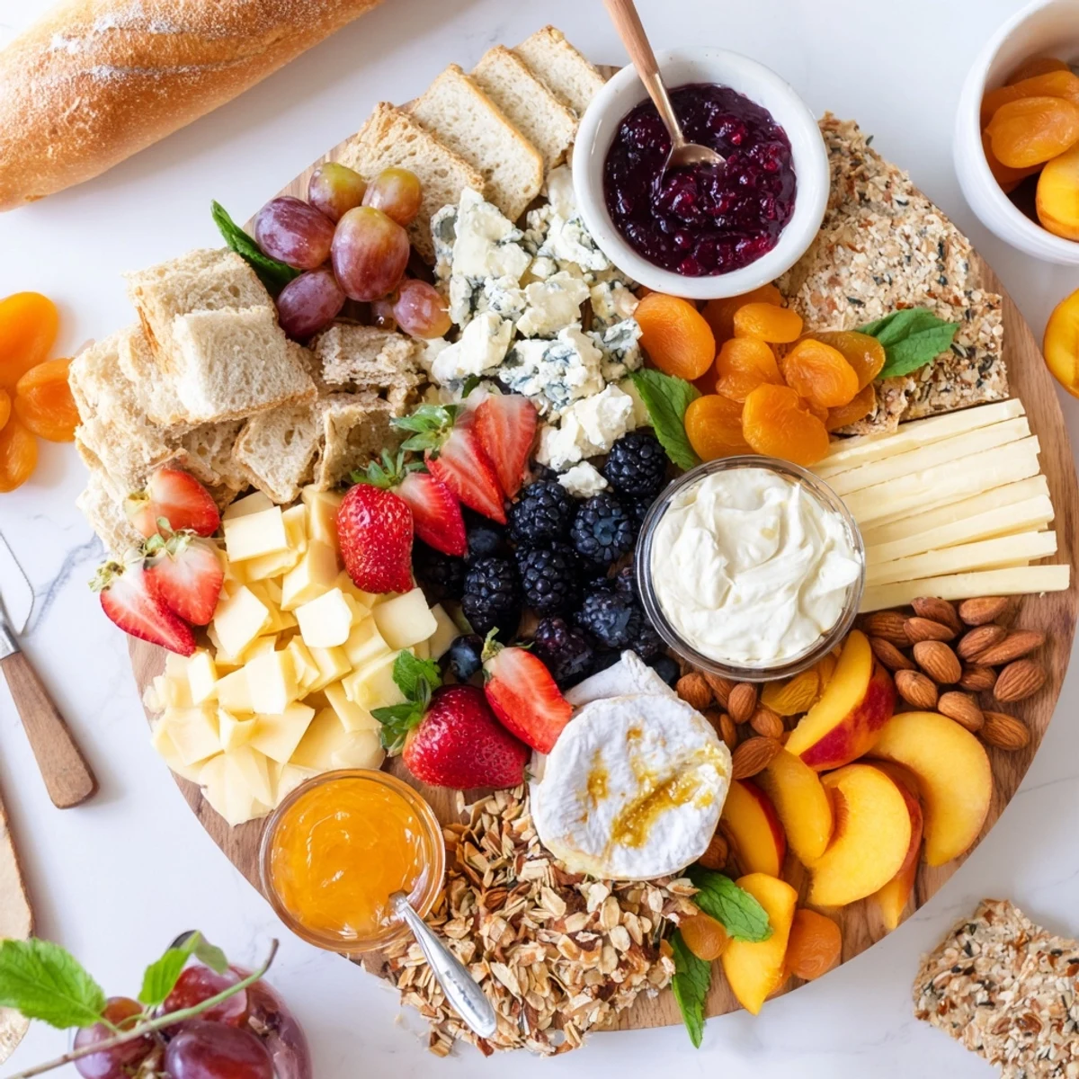 A beautifully arranged jam-infused brunch board with vibrant fruits and cheeses.  