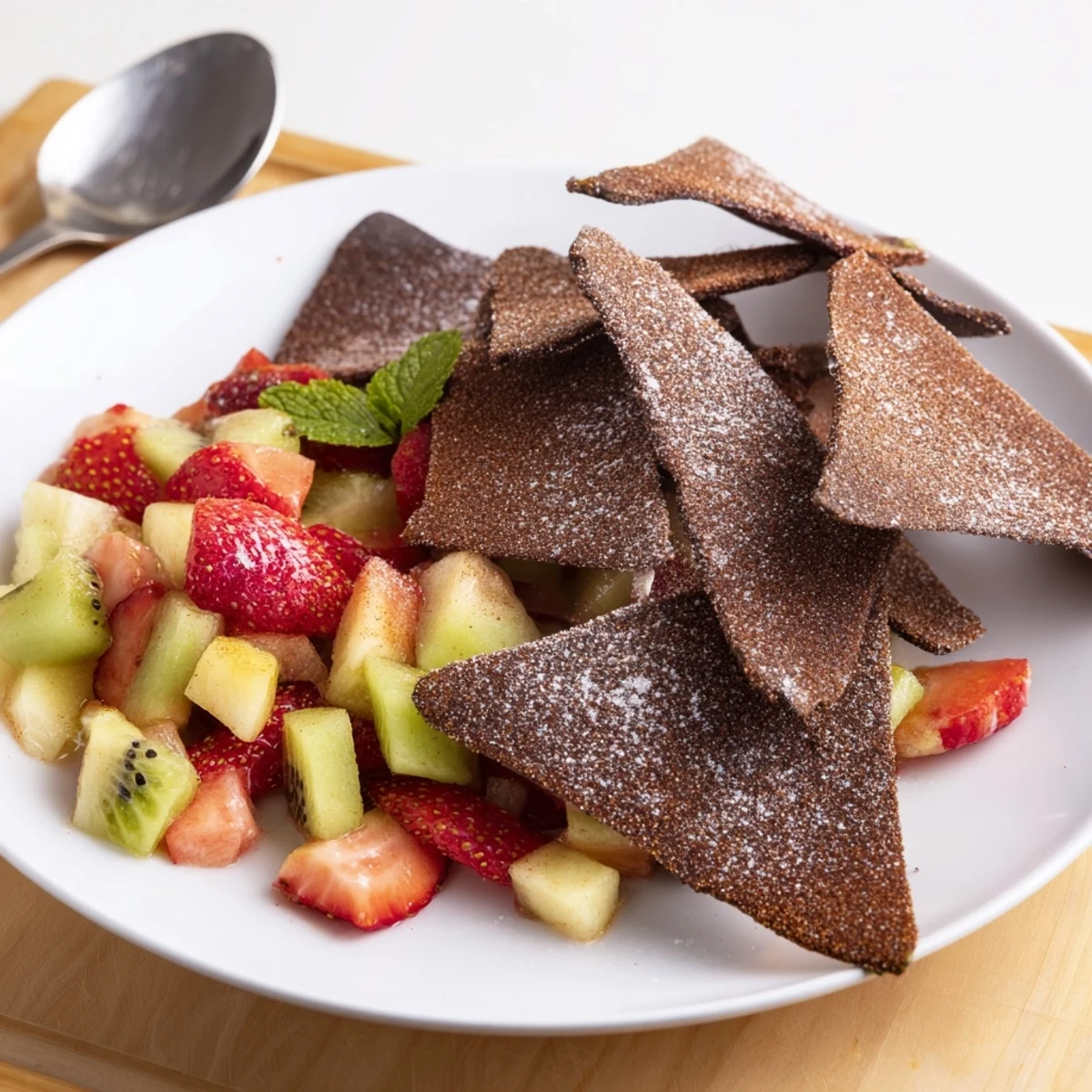 Crispy chocolate tortilla chips served with colorful, refreshing fruit salsa delightfully.  