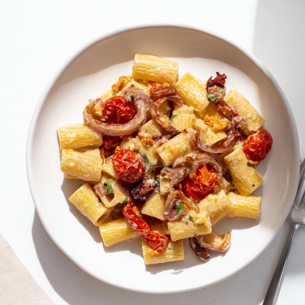 Creamy baked feta pasta topped with caramelized onions and sun-dried tomatoes.  