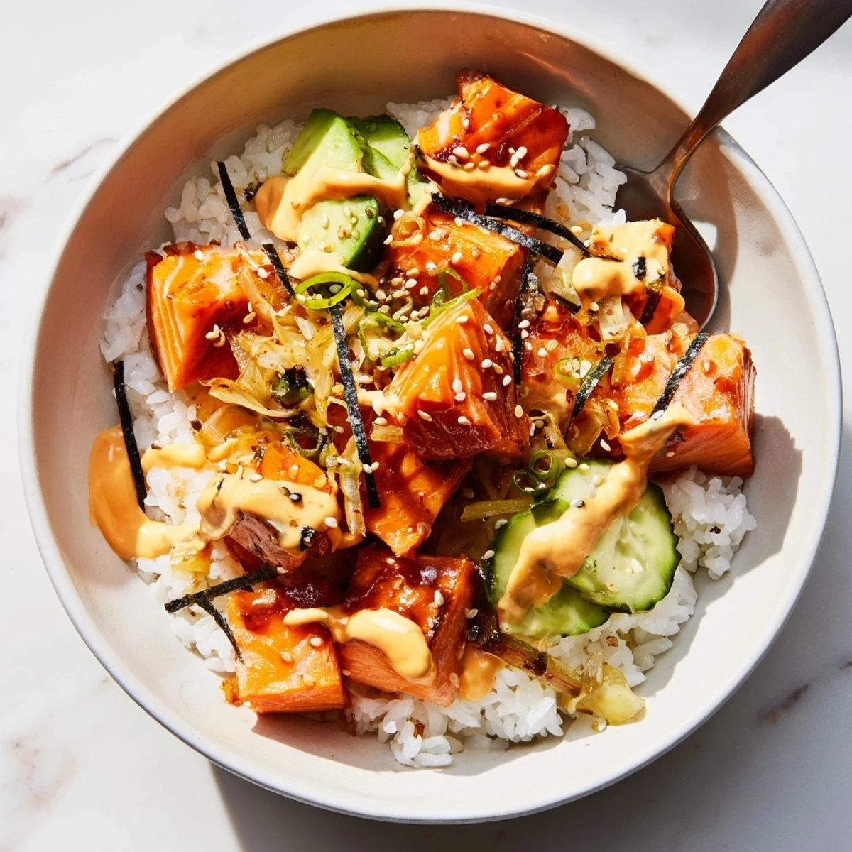 A delicious crispy salmon rice bowl topped with spicy mayo and savory kimchi.  