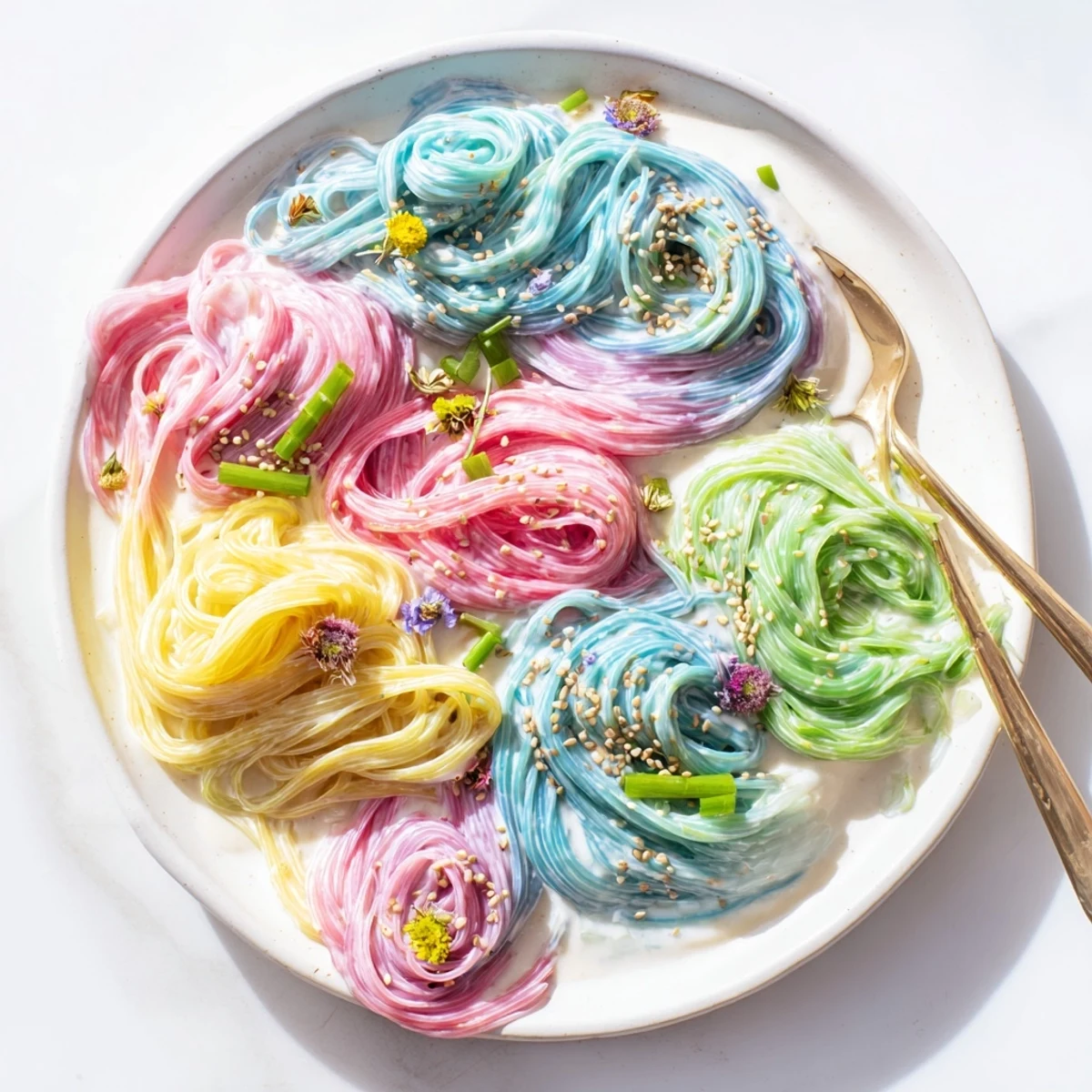 Vibrant Neon Noodle Cloud served in a white bowl, garnished with edible flowers.  