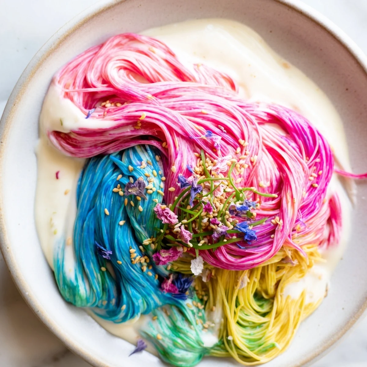 Whimsical Neon Noodle Cloud topped with scallions and sesame seeds, perfect for sharing.