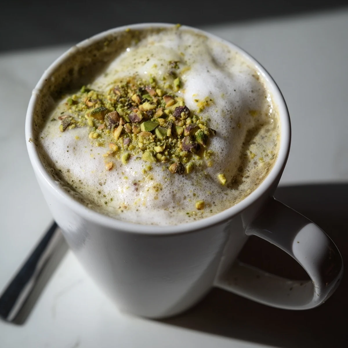 Delicious homemade pistachio milk latte with espresso, a nutty coffeehouse favorite.  