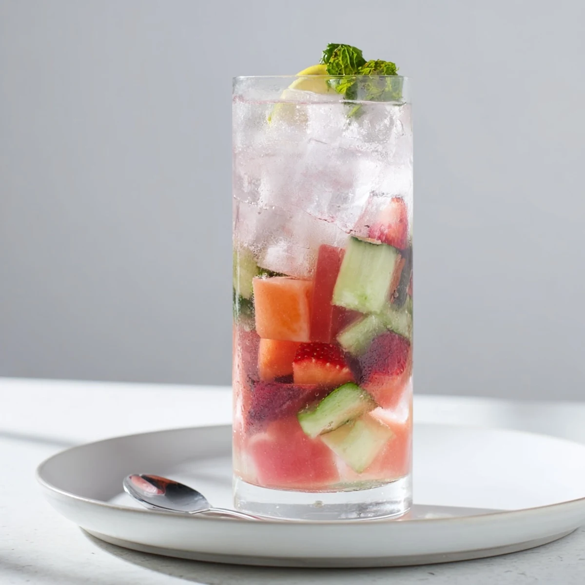 Refreshing water-based mocktails with fresh strawberries and mint leaves.  