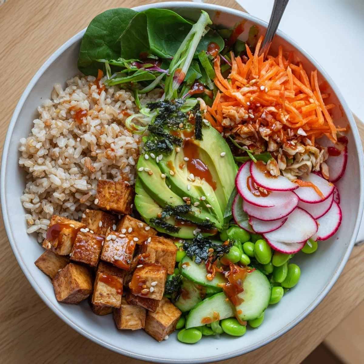 A colorful Fermented Vegetable Bowl filled with vibrant kimchi and fresh greens.  