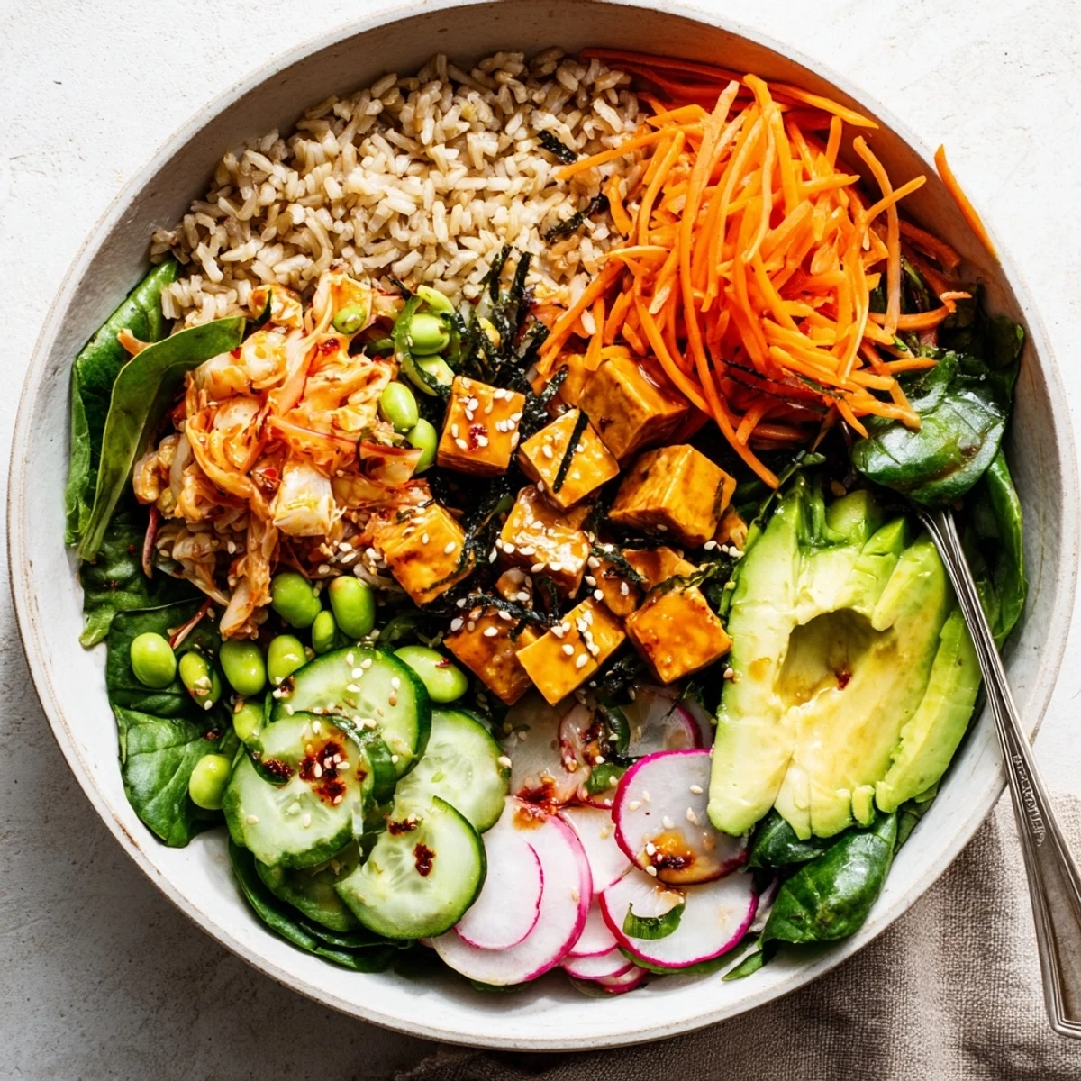 Enjoy a nutritious Fermented Vegetable Bowl, featuring tangy kimchi and creamy avocado slices.  
