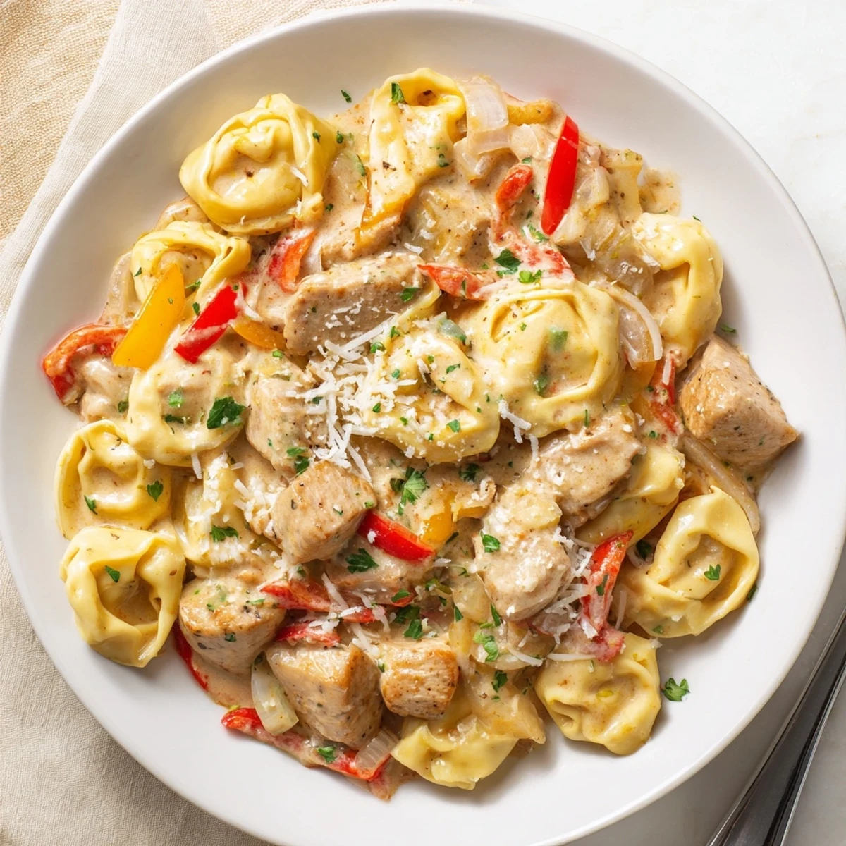 Delicious Zesty Cajun Garlic Parmesan Chicken Tortellini ready for a quick weeknight dinner.