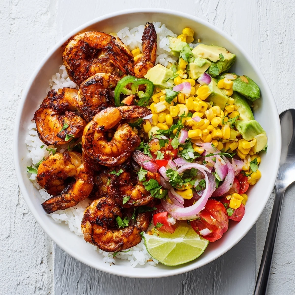Juicy grilled shrimp bowl topped with vibrant avocado corn salsa and zesty lime.  