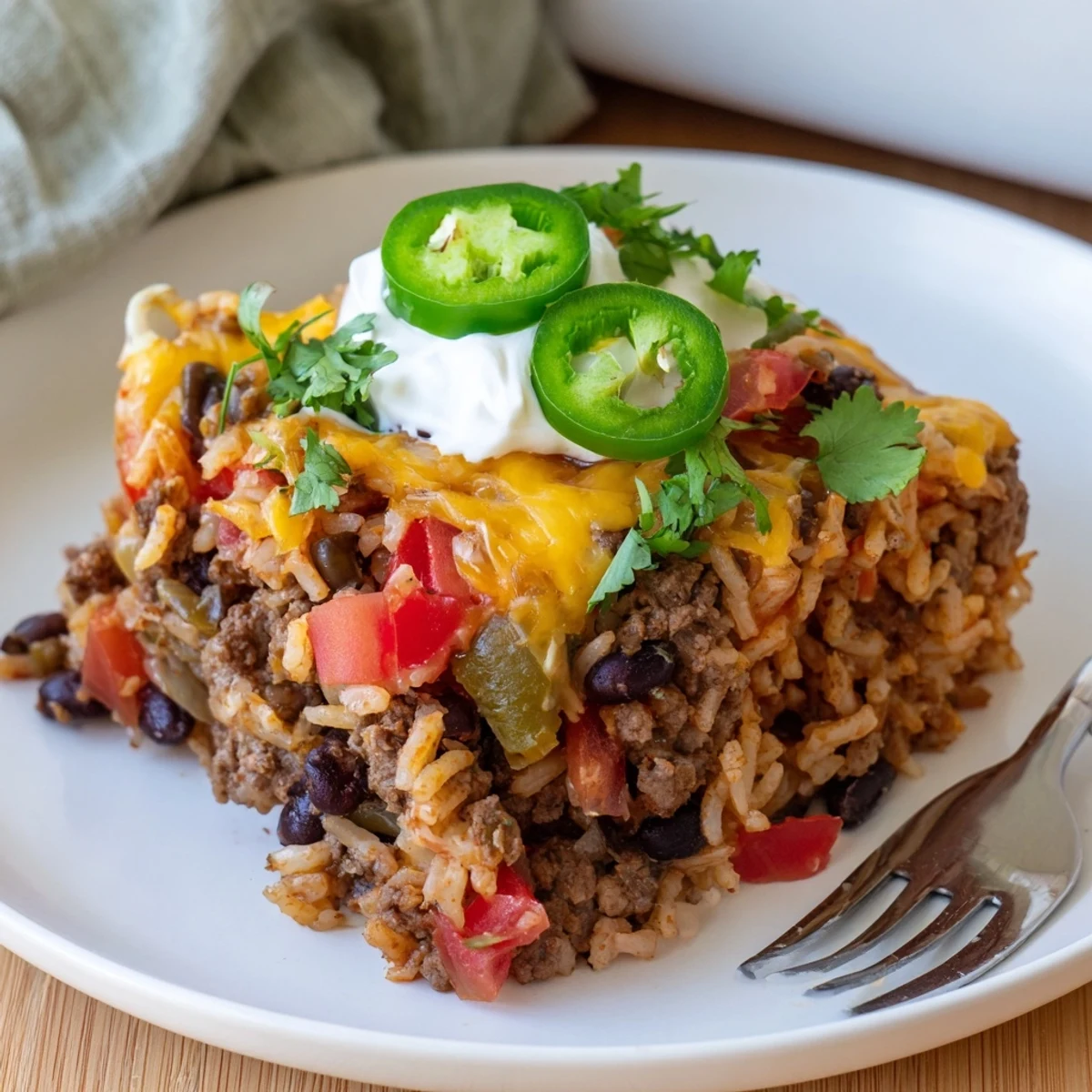 A zesty Tex-Mex Beef & Rice Casserole topped with melted cheese and fresh cilantro.  