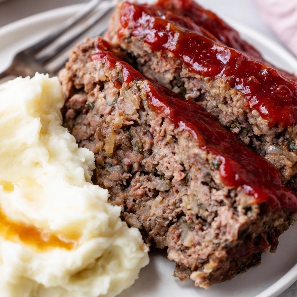 Comforting classic meatloaf served hot, paired with velvety mashed potatoes.  