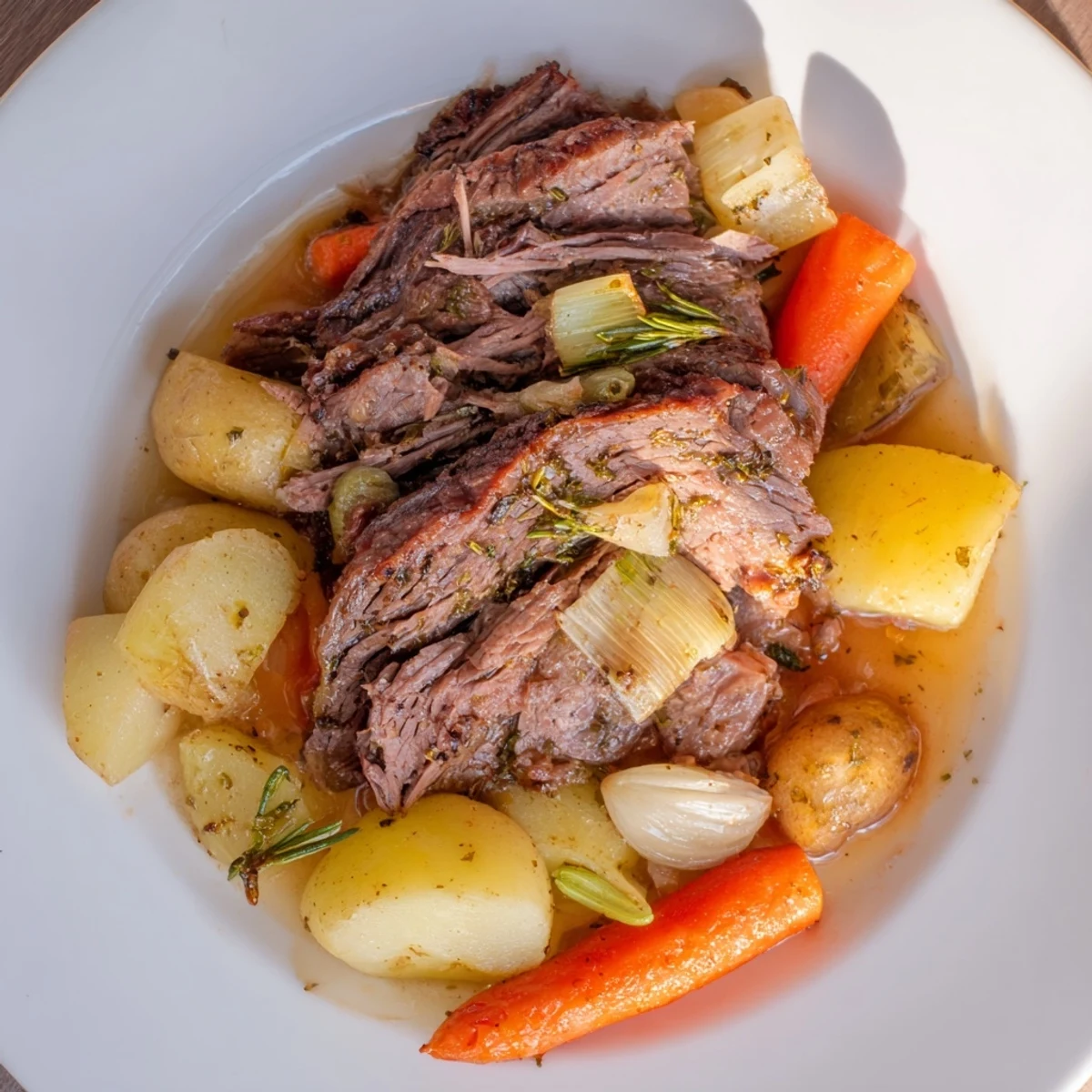 Classic Sunday Pot Roast paired with colorful vegetables, perfect for family gatherings.
