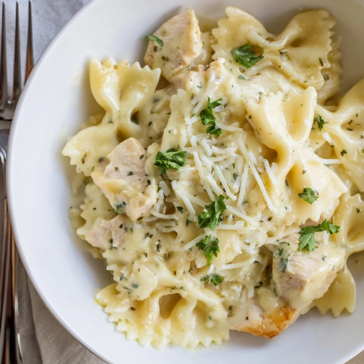 Tender Mozzarella Garlic Butter Chicken Bowties in rich creamy sauce, garnished with parsley.  