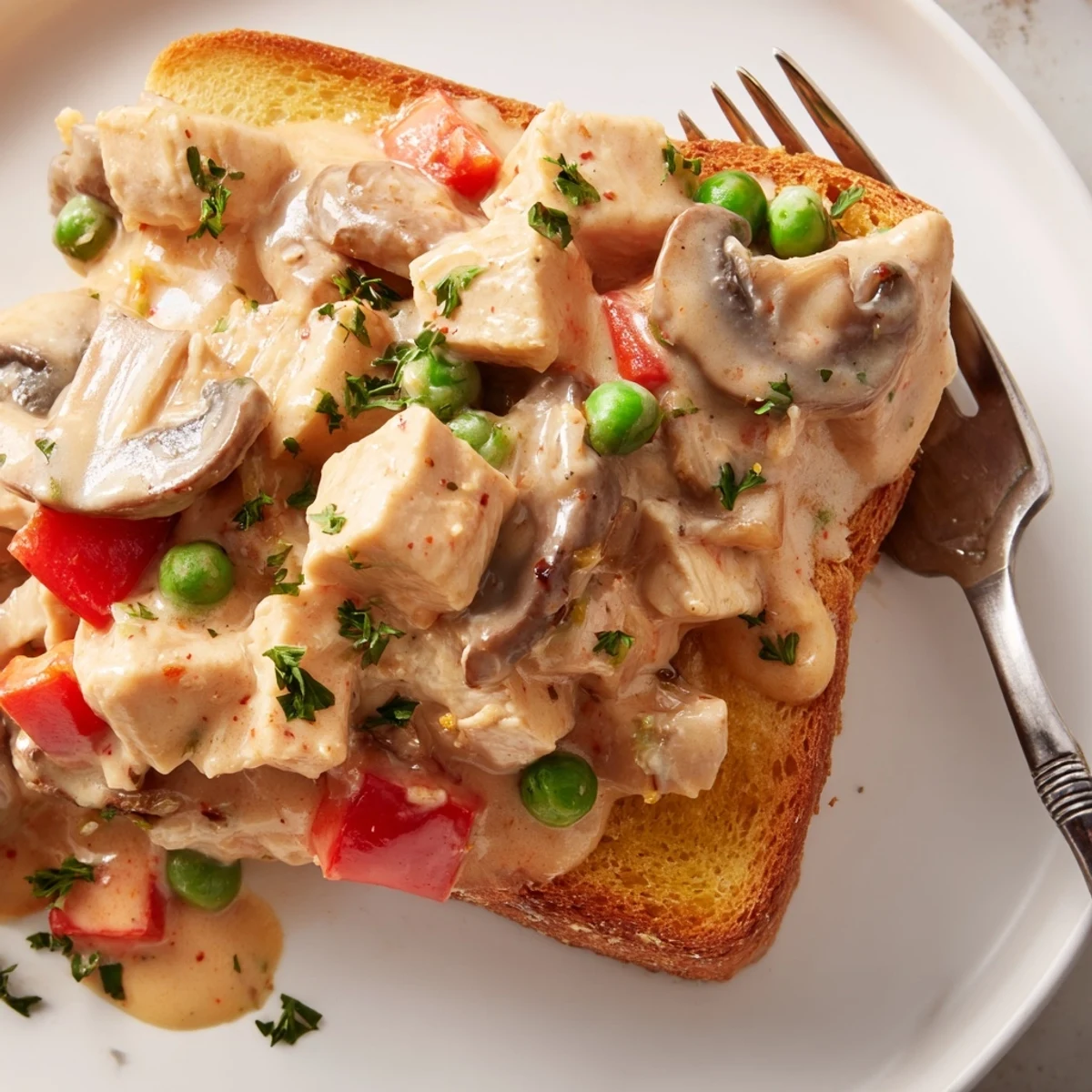Creamy Chicken à la King over toast, garnished with fresh parsley and vibrant vegetables.  